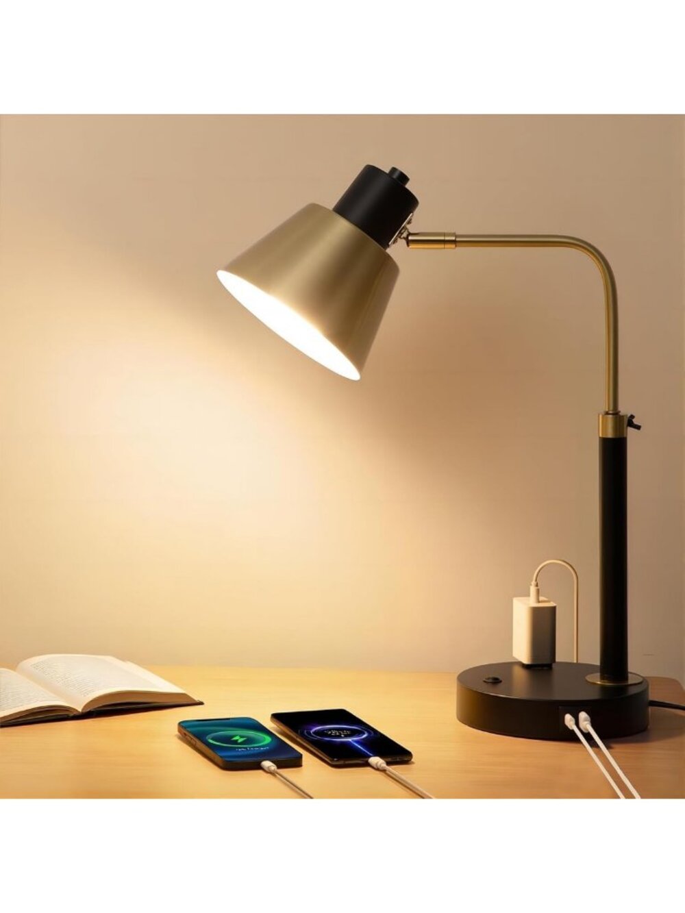 Adjustable Desk Lamp with Dual USB-C Ports, AC Outlet & 340° Swivel Head